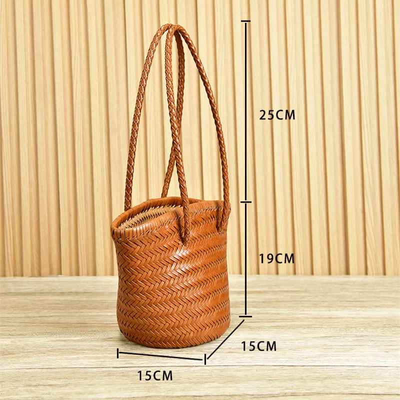 Vintage Cowhide Head Layer Braided One Shoulder bucket Bag  leather Handmade Vegetable Basket Bag Travel Beach Tote Bag