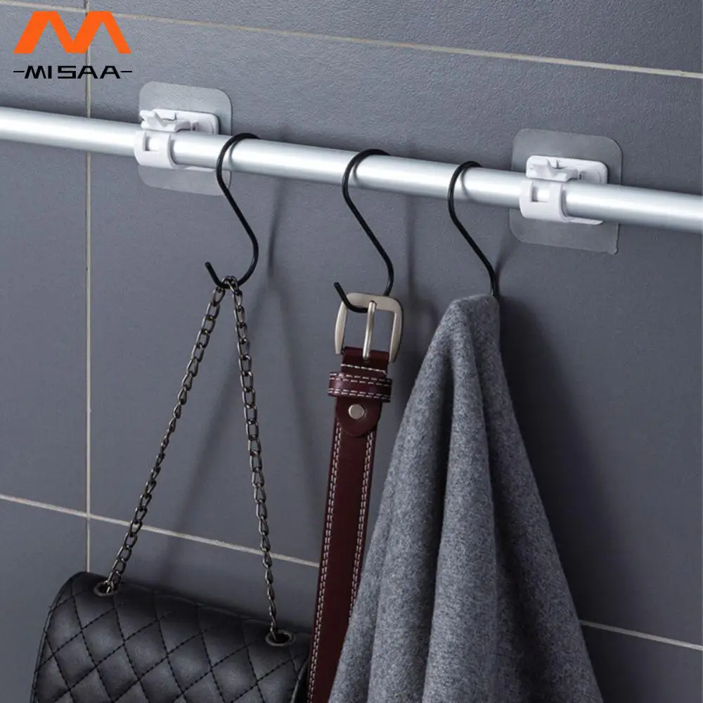 Towel Rod Hook Nailless Nail-free Practical Boom Clamp Hook Adjustable Firm Abs Autohesion Hook Holder Curtain Rod Clip Hooks