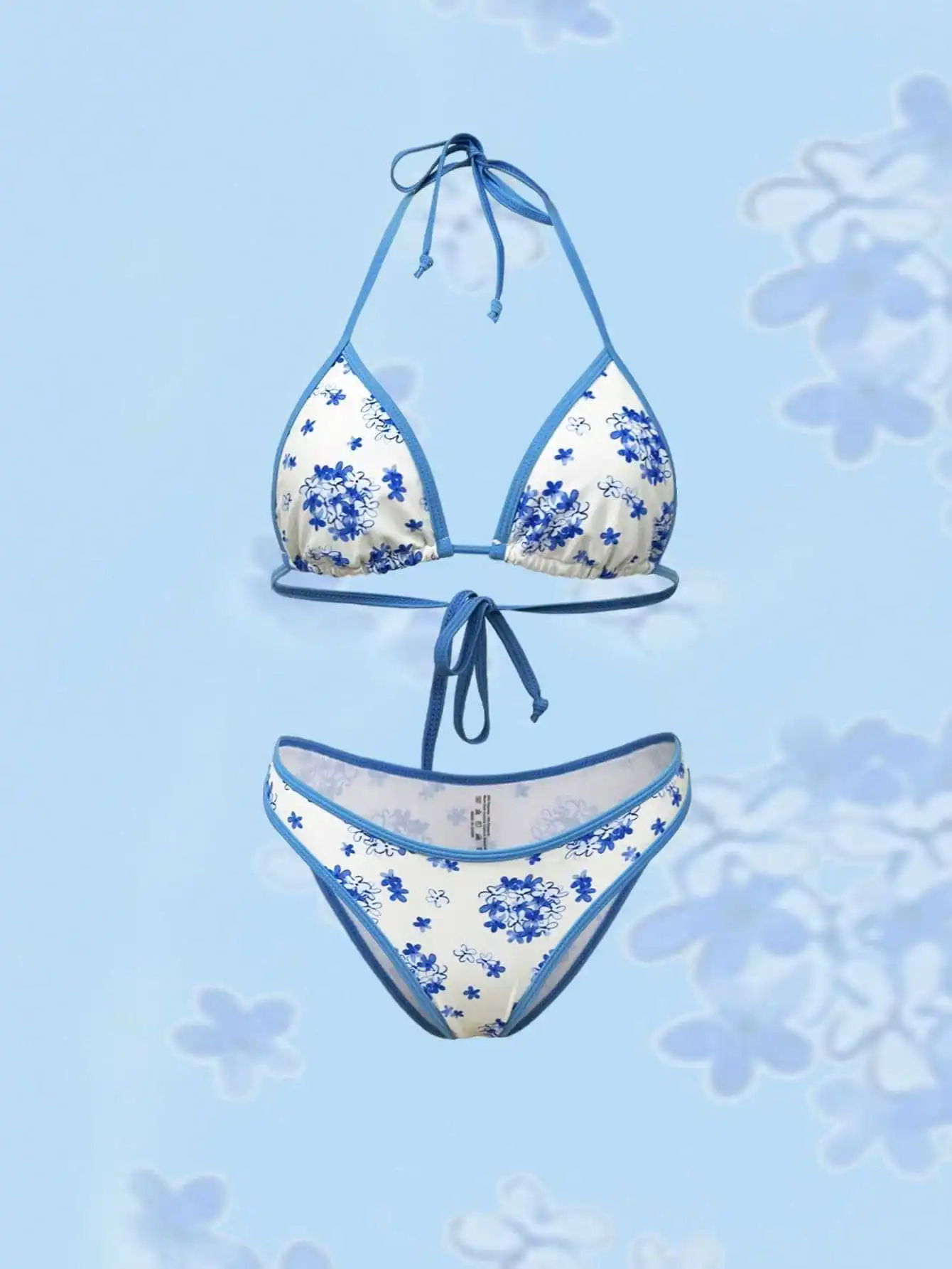 sexy blue flower print halter tie micro bikinis sets two pieces thong swimsuits bathing suit swimwear biquini tankini trikini