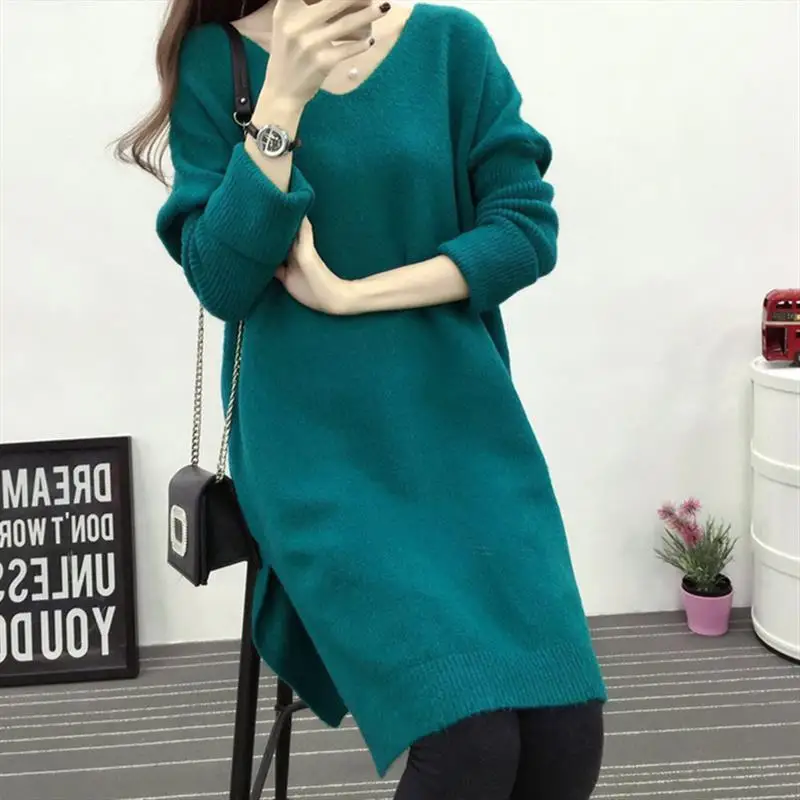Autumn Winter Solid Color V-Neck Loose Lengthen Tops Fashion Women\'s Clothing Korean All-match Long Sleeve Split Knitted T-shirt