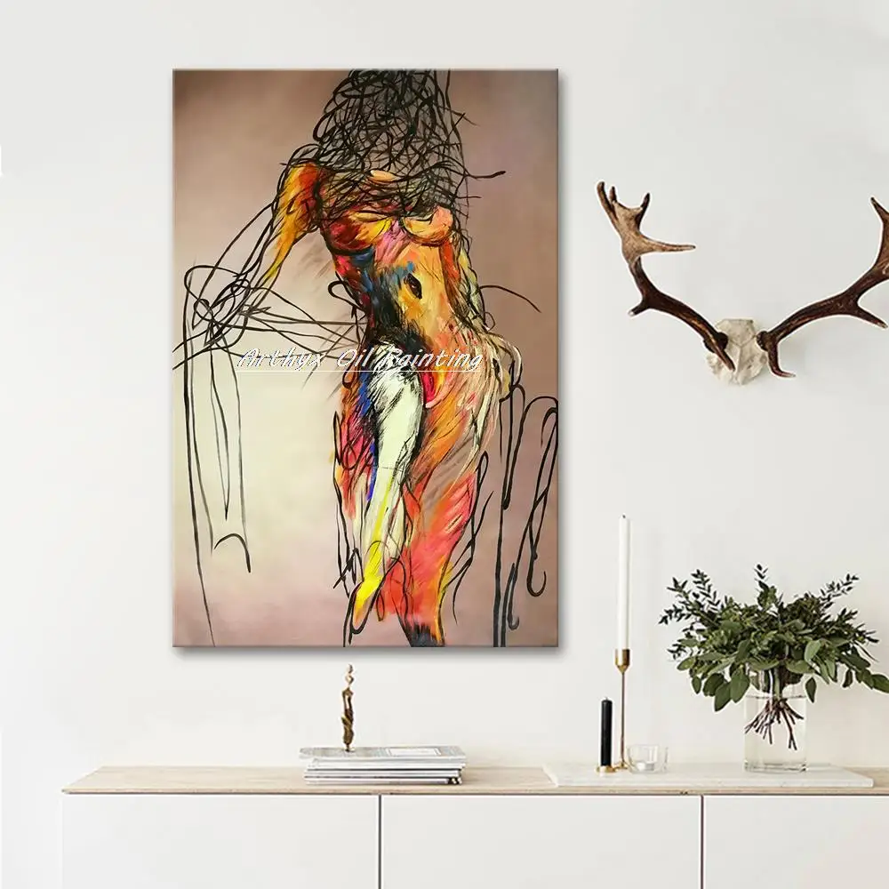 Arthyx Large Handpainted Abstract Naked Woman Oil Paintings On Canvas,Modern Figure Wall Art,Pictures Room Decoration,Home Decor