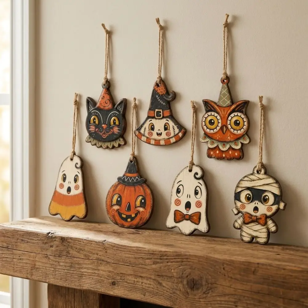 Vintage Style Halloween Pumpkin Ghost Pendant Trick or Treat Cartoon Owls Bat Hanging Decoration with Rope Distressed Painted