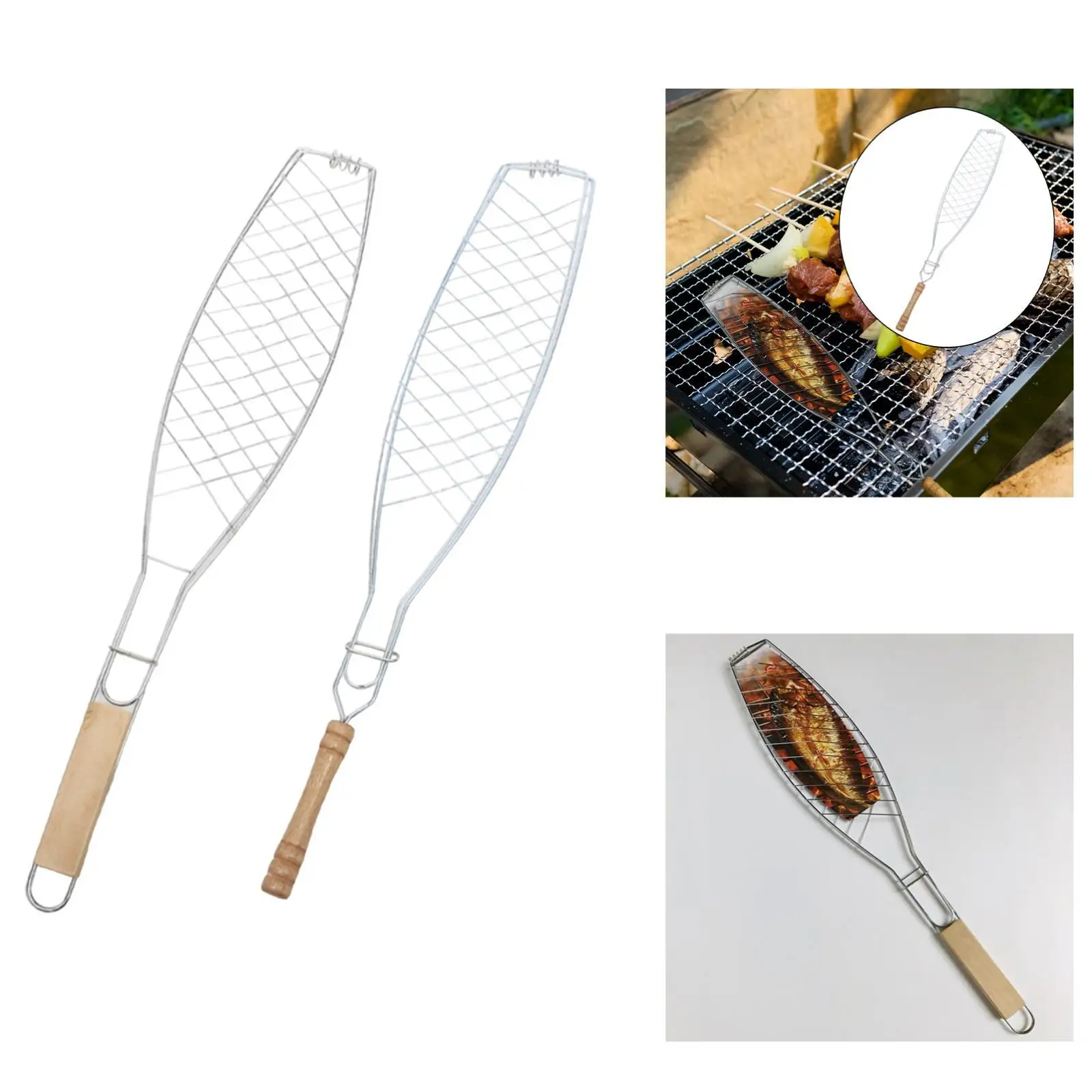 Fish Grilling Basket Folding Kitchen Tool with Wooden Handle Durability BBQ Grill Basket for Vegetables Fish Outdoor