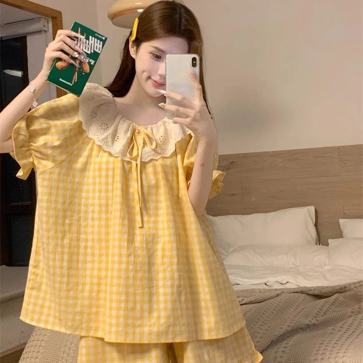 Summer Plaid Sleepwear Women's Short Sleeve Cloud Cotton Home Clothes Set Sweet Princess Style Casual Comfortable Nightgown