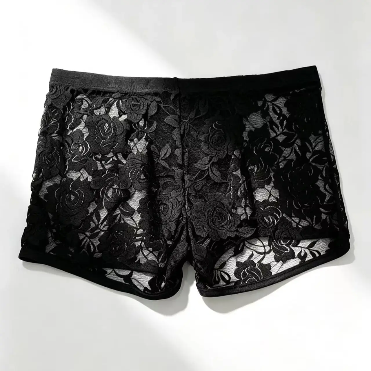 Men Sexy See Through Lace Boxer Briefs, Rose Floral Lace Spliced PU Leather Front Panel, Transparent Mesh Mens Short Underpants