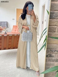 Siskakia-Kimono abierto Abaya de Dubai para mujer, cárdigan de manga larga con cinturón, elegante, informal, marroquí