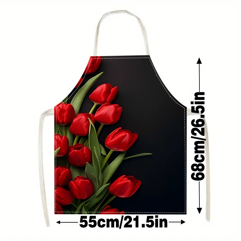 1pc Red Tulip Flower Black Background Linen Apron Kitchen Cooking Baking Gift For Her