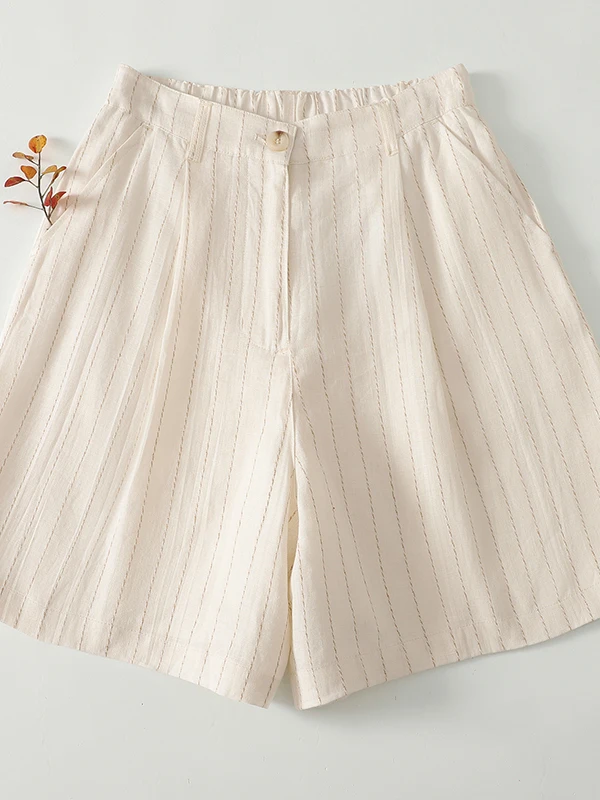Slimming High Waist Wide Leg Casual Pants Women's Summer Thin A-Line Five-Quarter Length Pocket Detail Striped Straight Cut T...