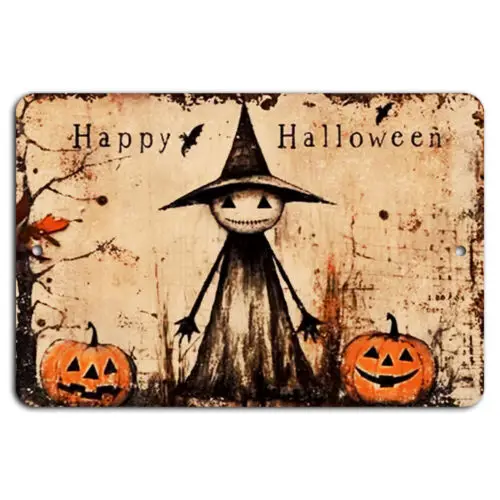 1e,Happy Halloween Scarecrow Pumpkins Rustic Fall Sign for Home Decor
