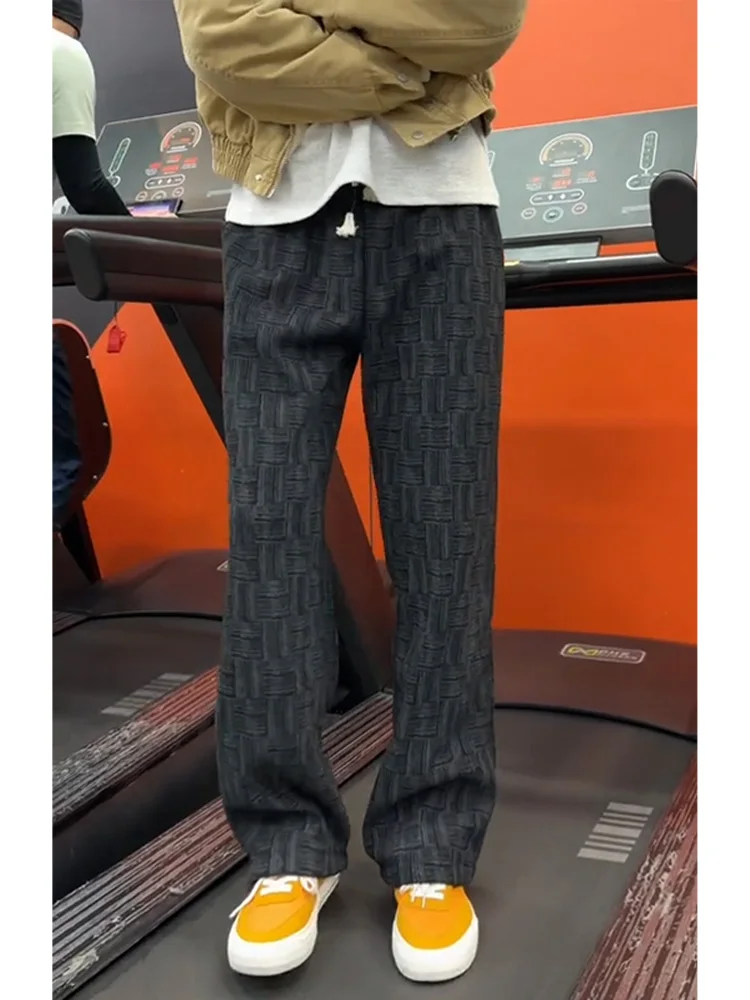 

American Sle Dyed Knitted Pants Men's Autumn Winter Thiened Fce Loose Drape Fitn Straight Casual Trousers