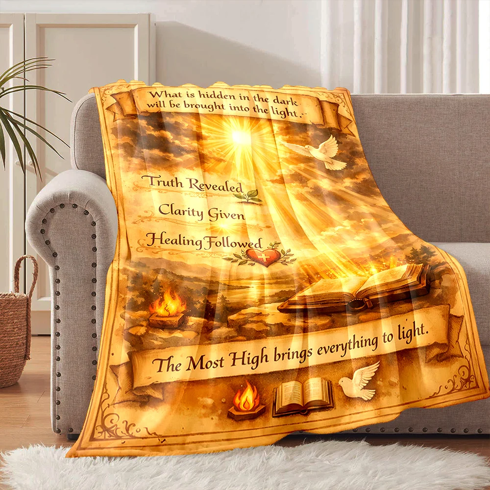 1PC Light reveals truth healing power Faith-printed Flannel Blanket Soft and Warm Suitable for Home Travel Picnics Camping RV