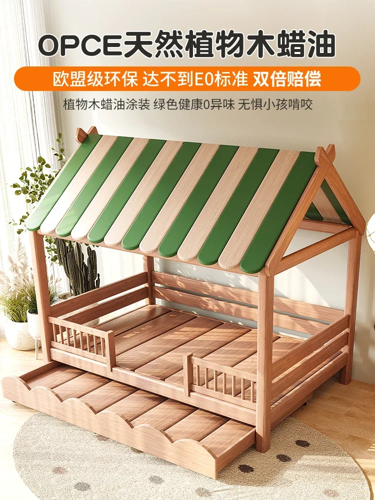 All solid wood children's tree house bed tent wooden house single meter children with guardrail bed