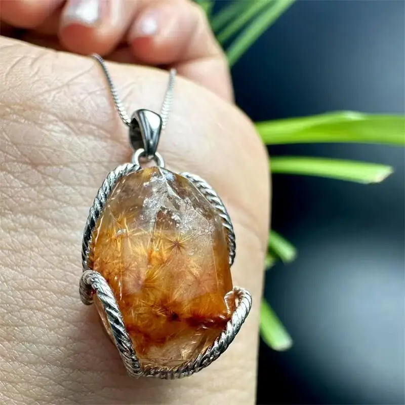 

S925 Natural Golden Rutilated Quartz Freeform Pendant Healing Gemstone Carved Figurine Gift Fashion Jewelry For Women Gift 1PCS