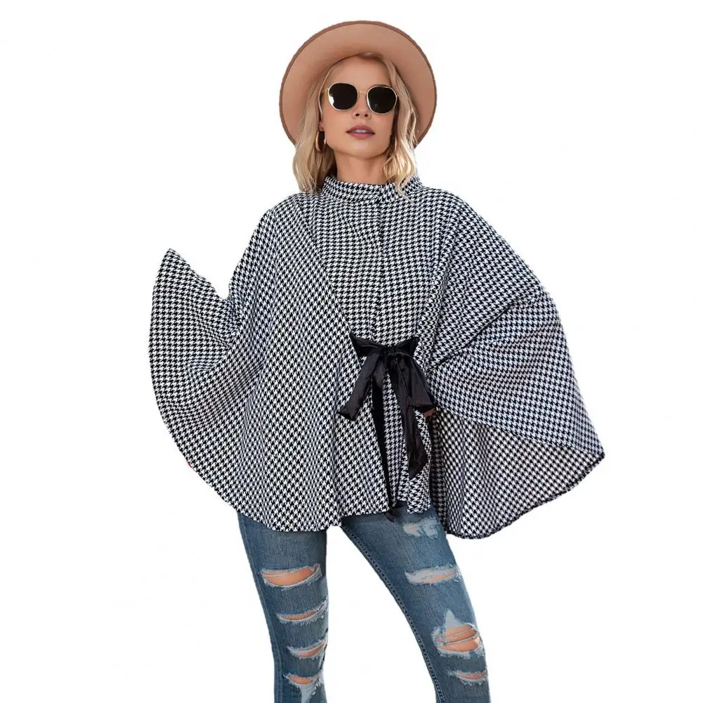 

Women Black White Coat Houndstooth Lace-up Cape Stylish Women's Winter Poncho Houndstooth Coat