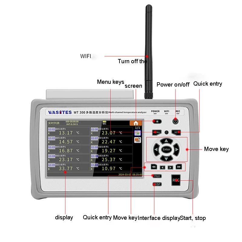 

Inspection Contact Temperature WT300 10 Multi-Channel Thermocouple Temperature Tester Recorder WiFi 0.2 Resolution Plastic