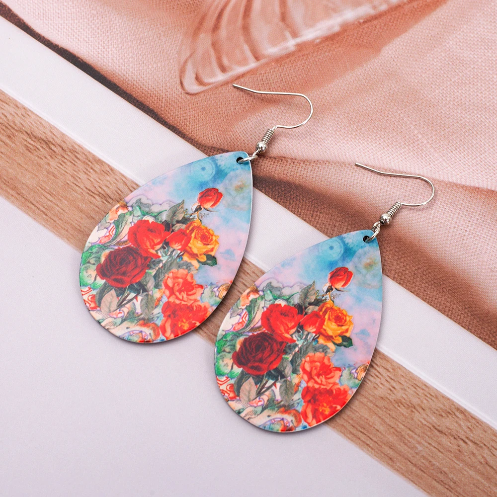 Fashion Water Drop Relievo Printing Rose Flower Acrylic Women\'s Earrings Trend 2025 Retro Style Aesthetic Elegant Girls Jewelry