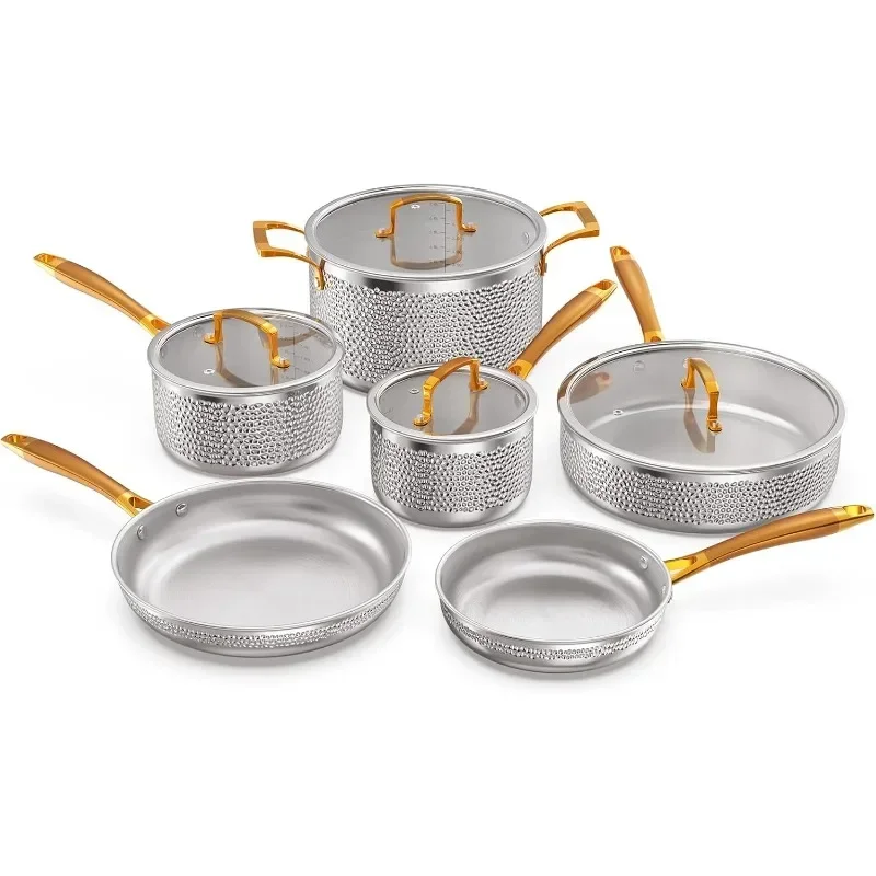 

Stainless Steel Pots and Pans Set, Tri-Ply Hammered Kitchen Cookware with Glass Lids, Induction Compatible