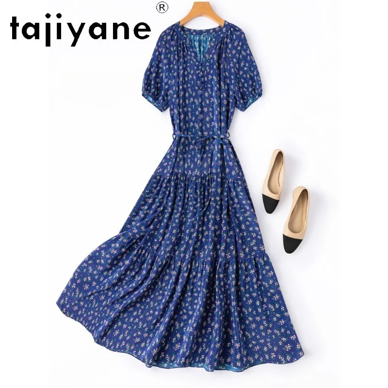 

TAJIYANE Blue Floral Dress 100% Real Mulberry Silk Women's Casual Dresses V-neck Summer Cake Dresses for Women Clothes Loose 원피스