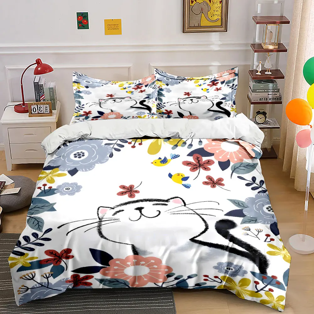 Cat with colorful floral frame Duvet Cover Set with 3D Printing Design Soft Polyester Bedding Set All-Season Comfort for gifts