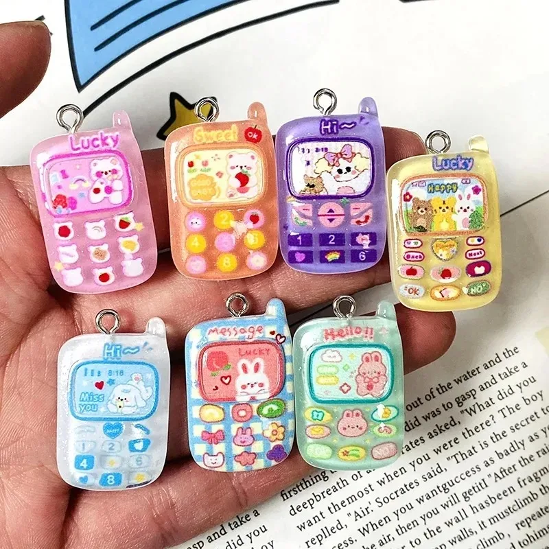 10pcs Random Mix Kawaii Cartoon Phone & Rabbit Resin Charms Lovely Pendants For DIY Keychain Handmade Jewelry Decor