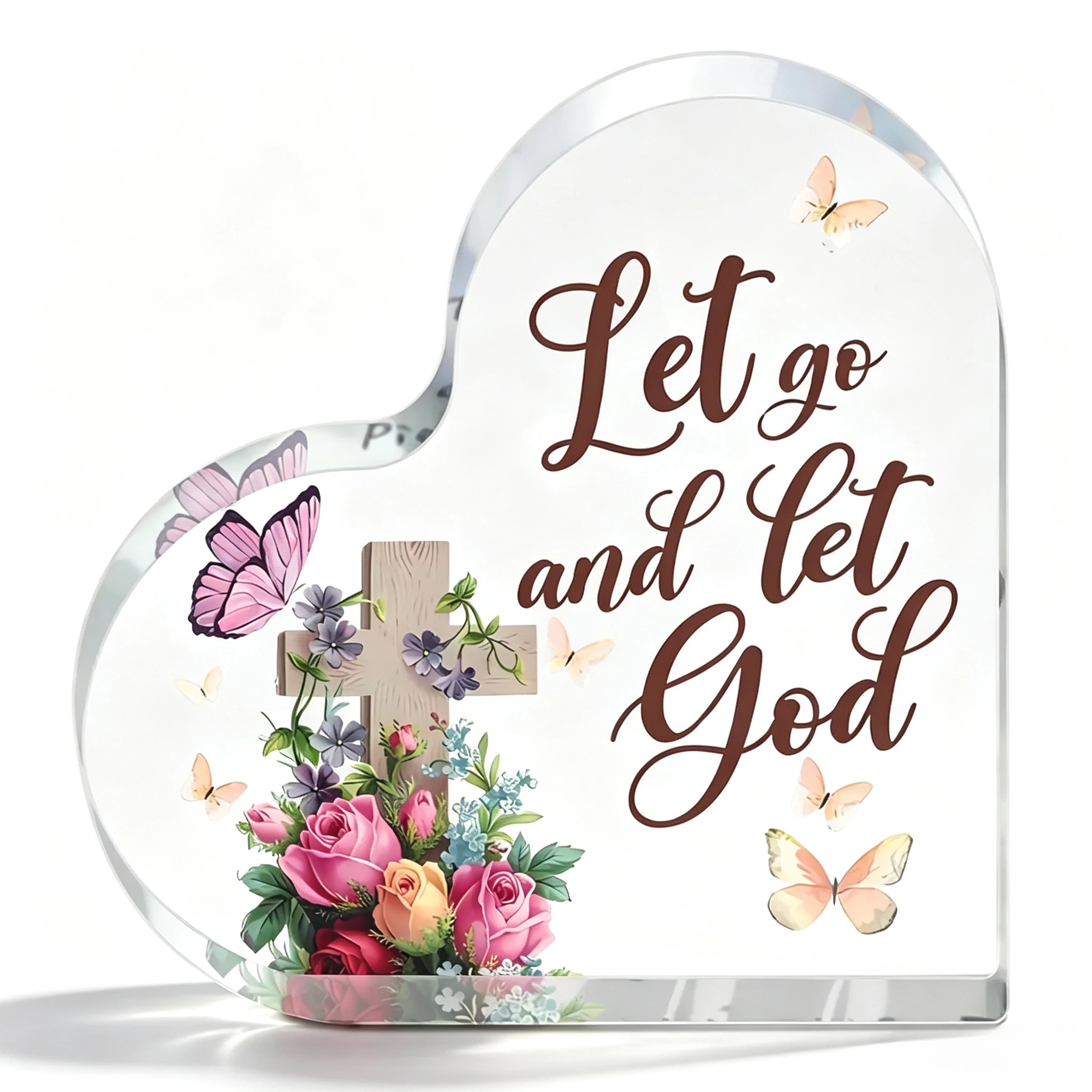 Heart‑Shaped Acrylic Plaque Let Go And Let God Wooden Cross Colorful Roses Flowers Butterfly Print Freestanding Table Ornament Christian Faith Desk Shelf Decor Religious Inspirational Encouragement Keepsake Gift