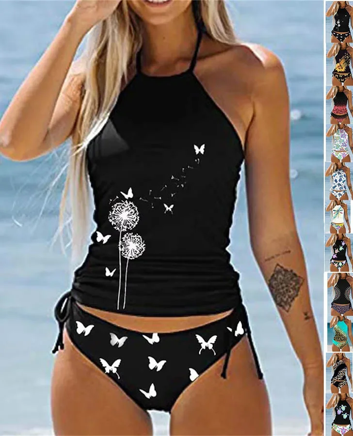 New Summer Women's Double Strap Swimsuit Comfortable Vacation Beach Tankini Short Dandelion Print Bikini S-6XL