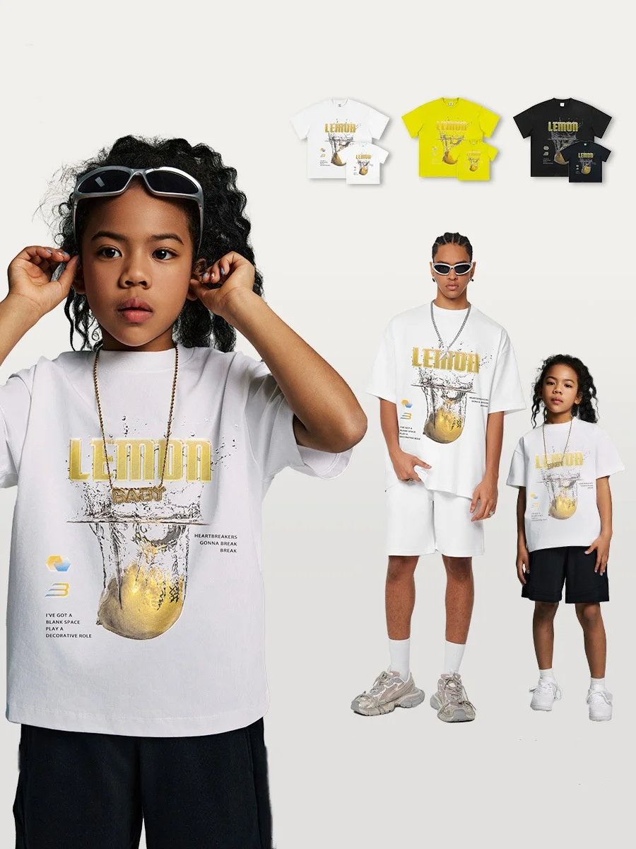 Oversize Family Matching Clothing Short Sleeved T-shirt Lemon Print T-shirt Loose Vintage Shirts with Fruit Printing