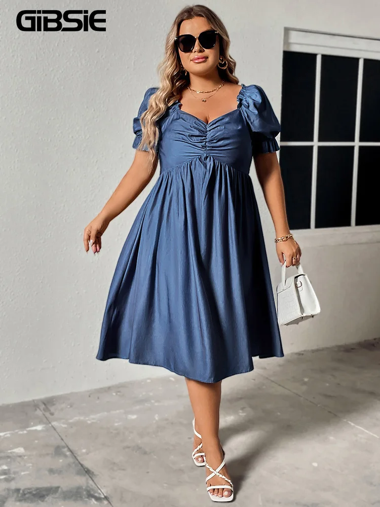 GIBSIE Plus Size Sweetheart Neck Shirring Backless Puff Sleeve Midi Dress Women 2024 Summer Vintage Elegant Party A-Line Dresses