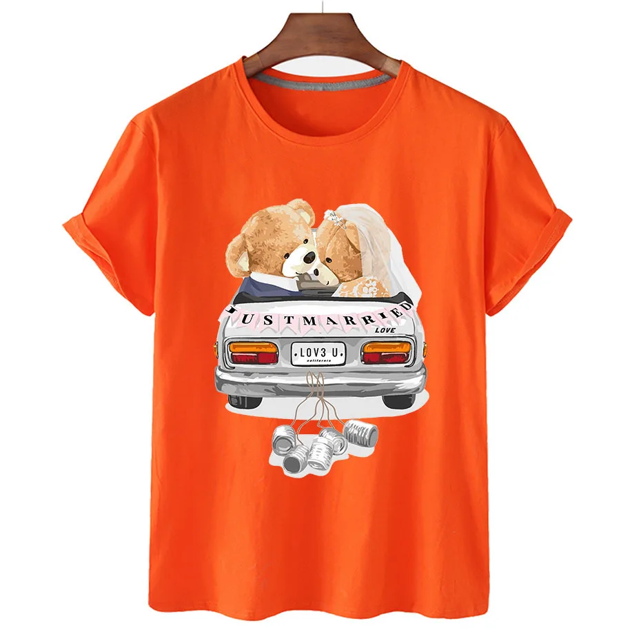 100% Cotton Wedding Bear T Shirts Summer 2022 T Shirts Women Short Sleeve O Neck T Shirts Unisex Plus Oversized Women T Shirts