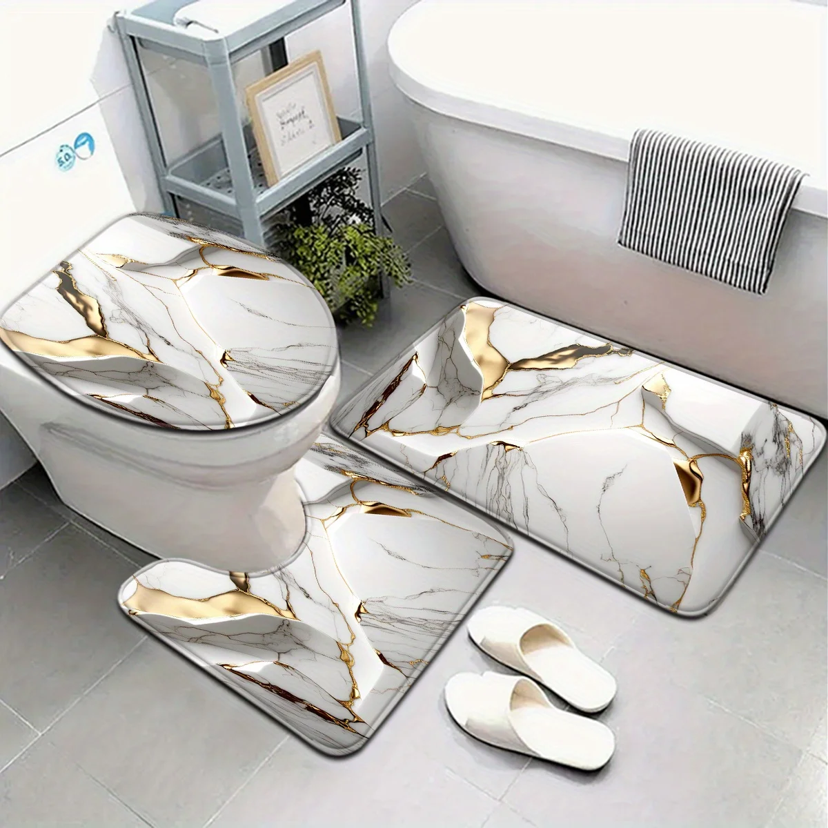 

3 шт., набор ковриков для ванной комнаты с белым позолоченным мраморным узором, крышка сиденья для унитаза, U-образная подставка для ног