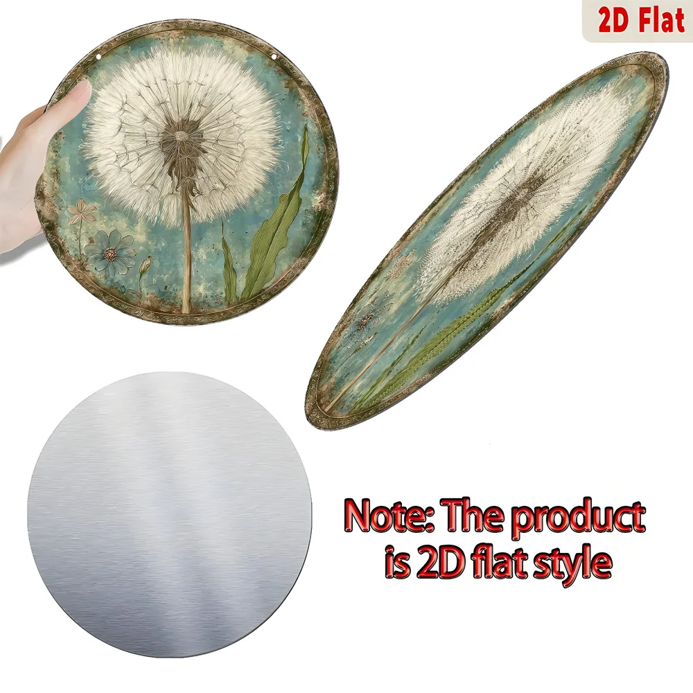 2D Flat Round Metal Sign Vintage Distressed Teal Background Dandelion Floral Rustic Farmhouse Indoor Outdoor Wall Decor Plaque