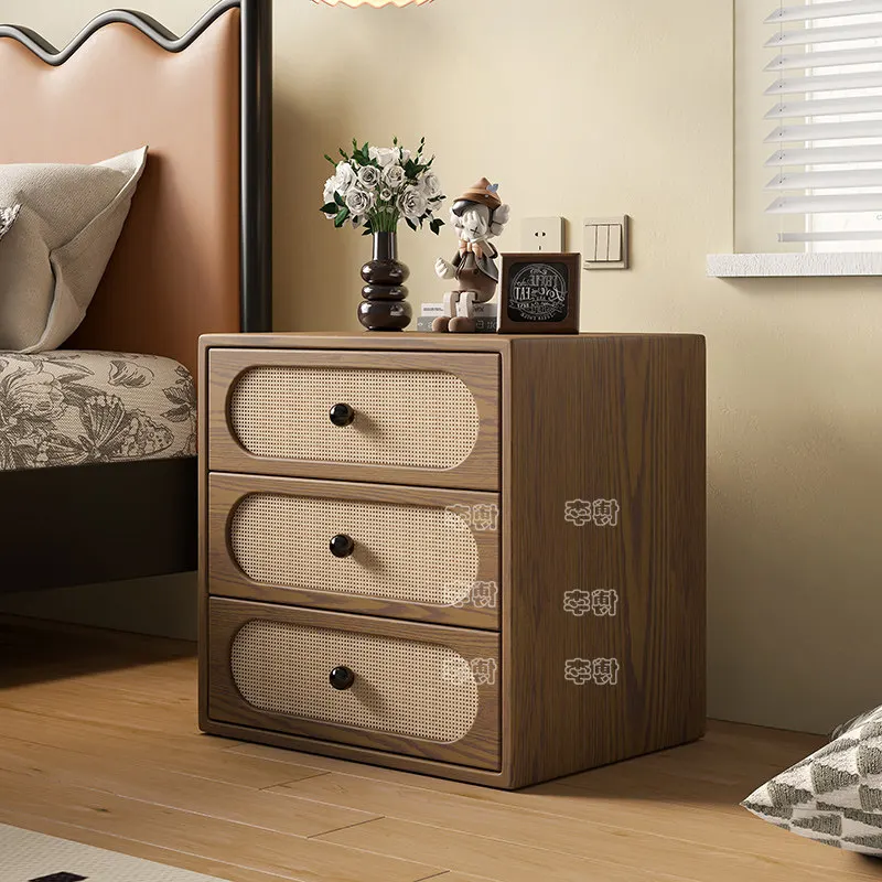 Simple rattan bedside table new bedroom solid wood three-draw retro black walnut pattern storage side cabinet