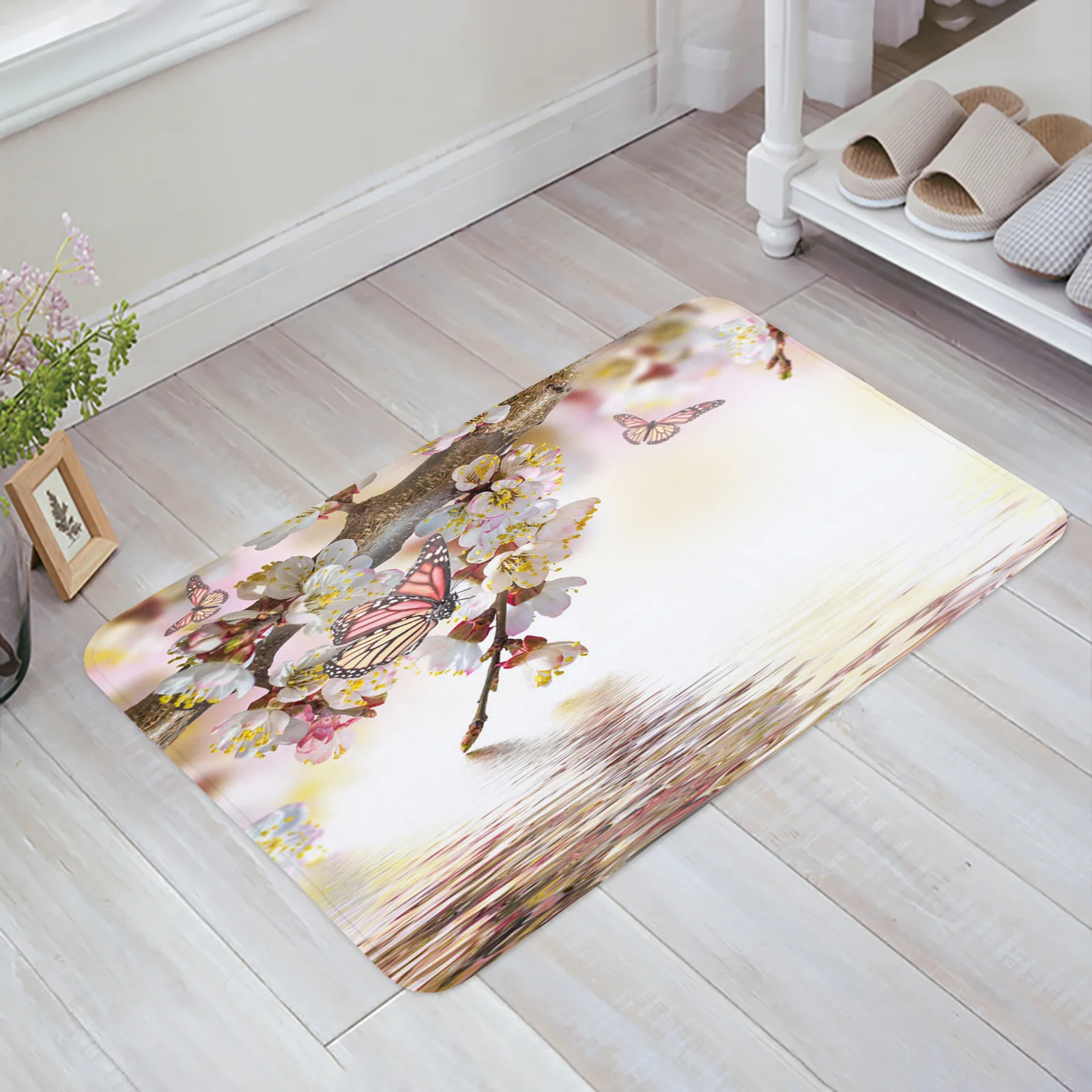 Flower Peach Blossom Branch Butterfly Water Wave Bath Mat Carpet Floor Rug Shower Room Doormat Kitchen Entrance Pad Home Decor