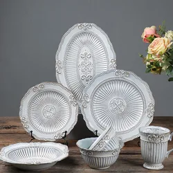 French Baroque Ceramic Plate Retro Dining Room Desktop Dishes and Plates Sets Court Relief Decorative Home Kitchen Tableware