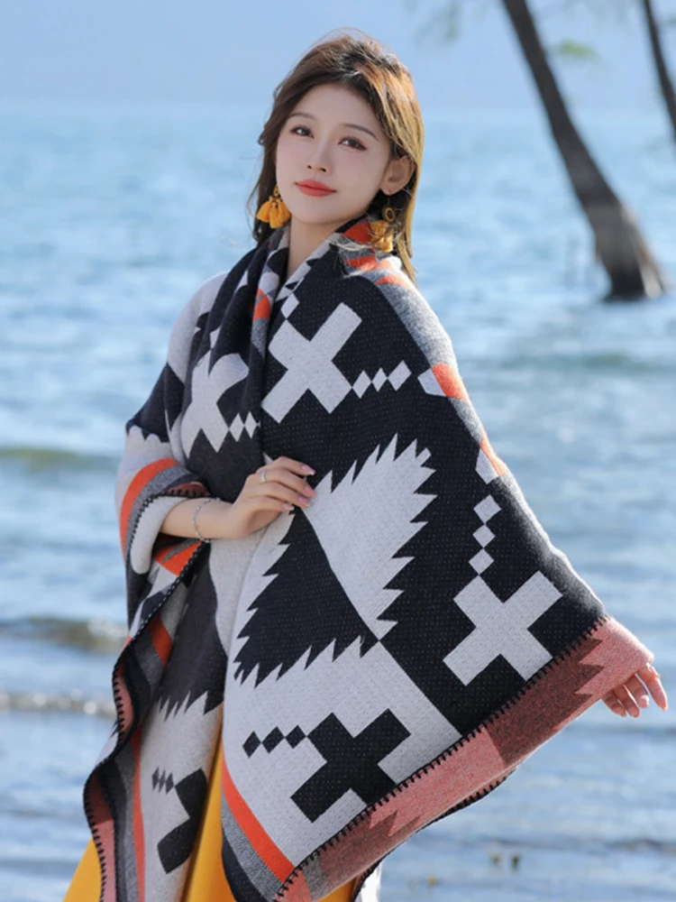 Novo Cachecol Feminino Elegante de Tricô, Poncho Vintage de Inverno, Manta Grossa Feminina, Capas para Mulher, Xales Pashmina Boho