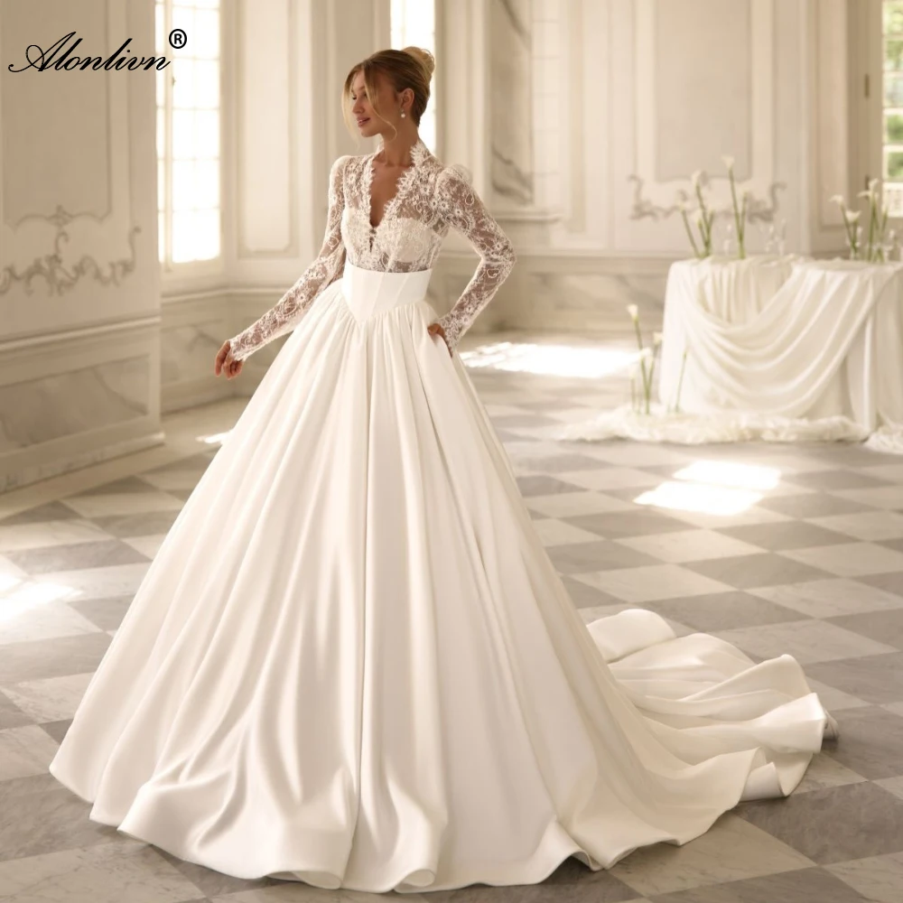 Alonlivn Custom Made Elegant Satin Full Sleeves Wedding Dresses New Arrival Muslin Appliques Lace A-Line Bridal Gowns