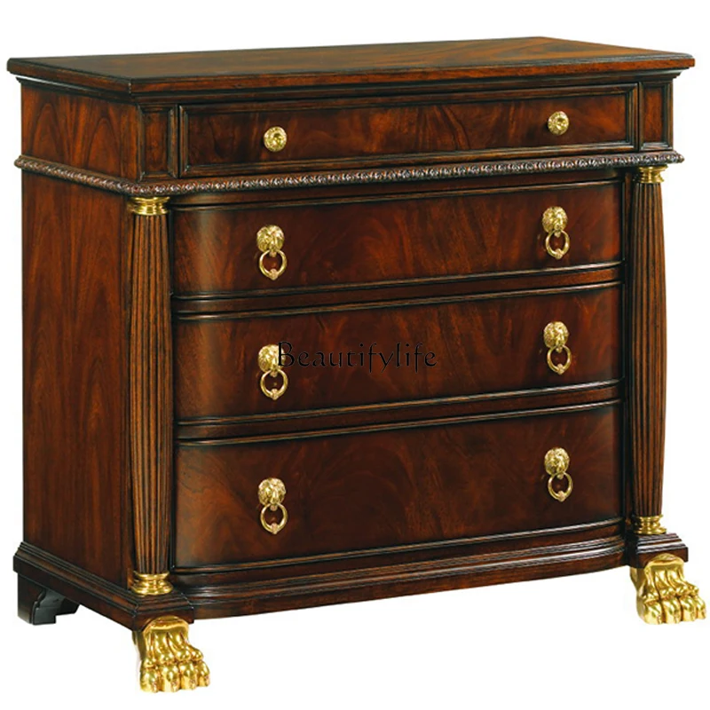 

American-Style Antique Distressed Mahogany Solid Wood Bedside Cabinet European-Style Carved Bedside Chest of Drawers