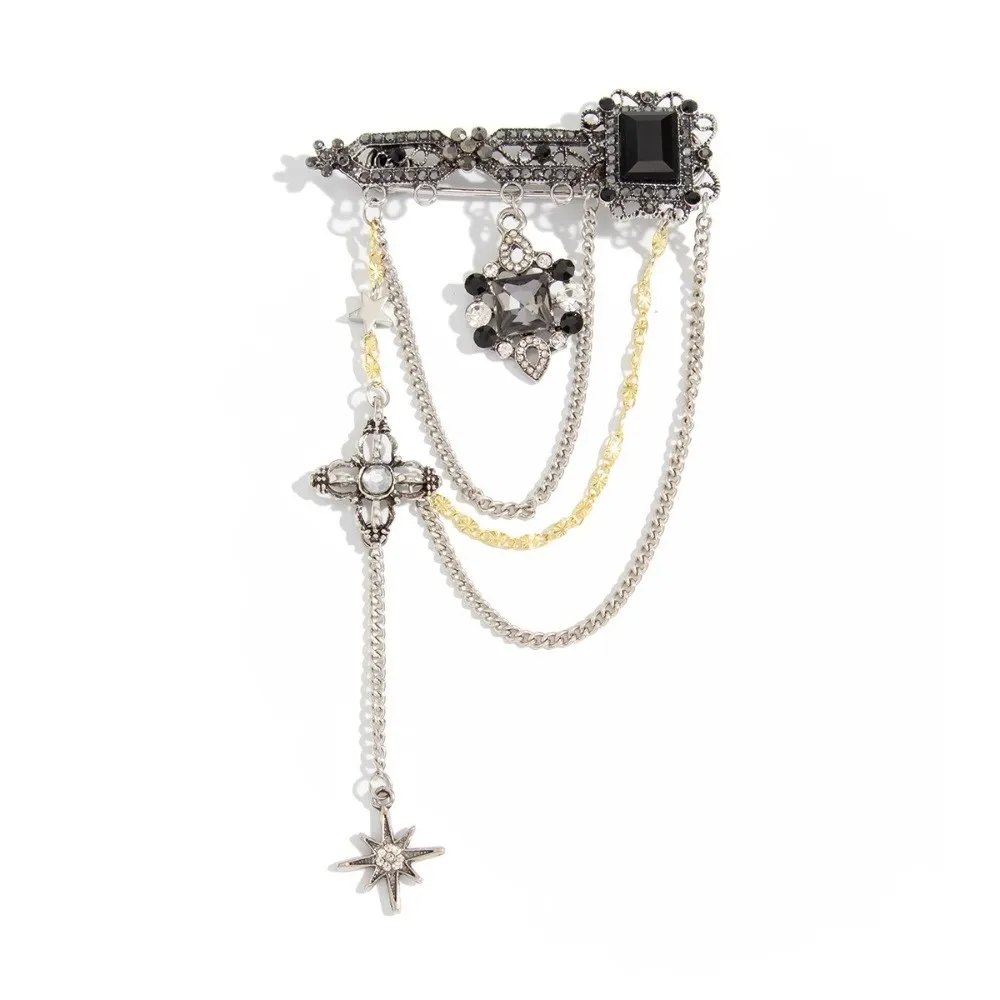 Ornate Multi Layer Cross Brooch Two Tone Metal Black Gem Rhinestone Brooch Exquisite Craft Gothic Design Star Brooch Suit Jacket