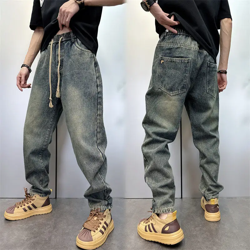 Amerikaanse trekkoord retro gewassen oude jeans heren trendy merk losse rechte casual sport lente herfst mode wijde broek
