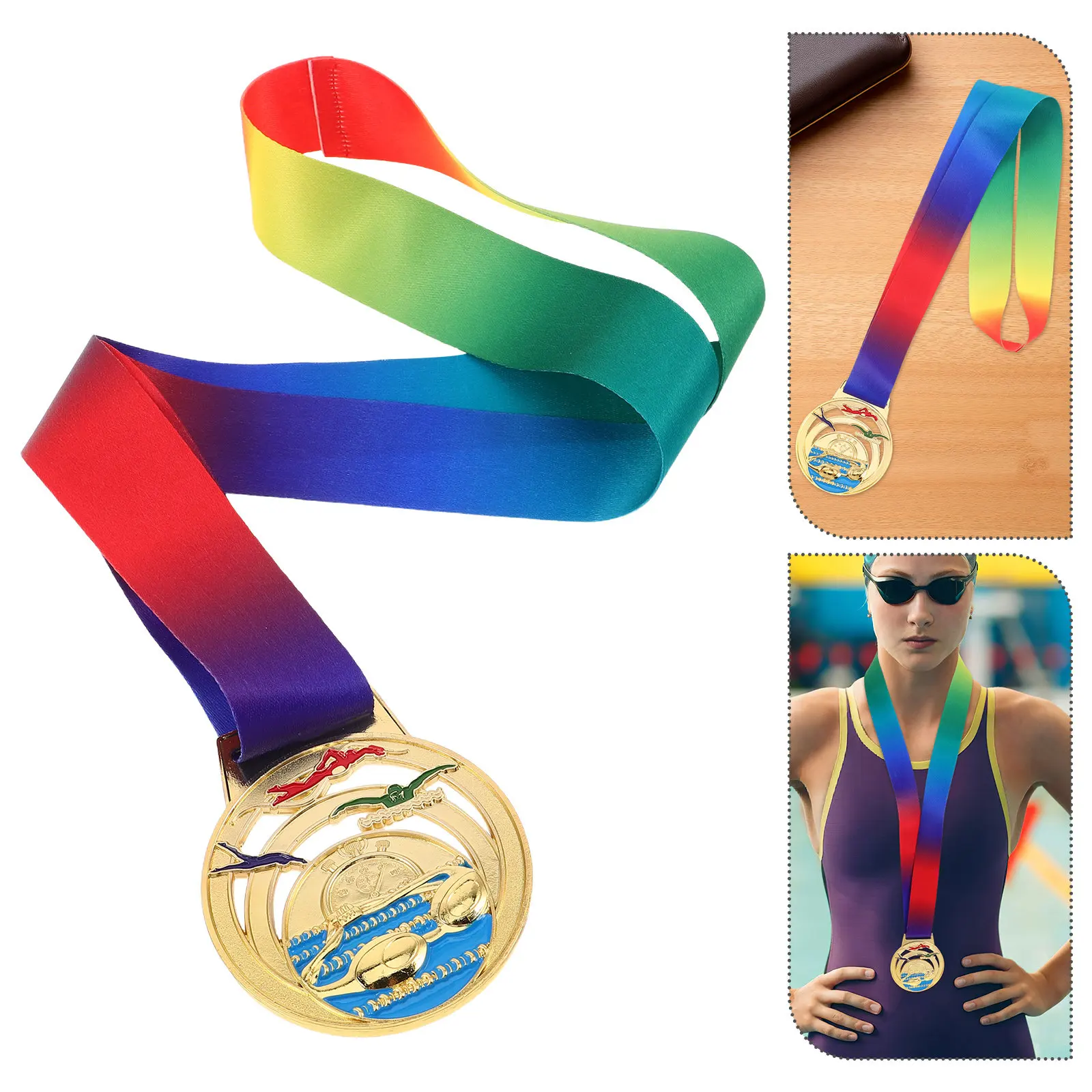 

Metal Running Award Medal Zinc Alloy Sleek Finish Hanging Neck Ribbon for Sports Competitions Swimming Events First Place
