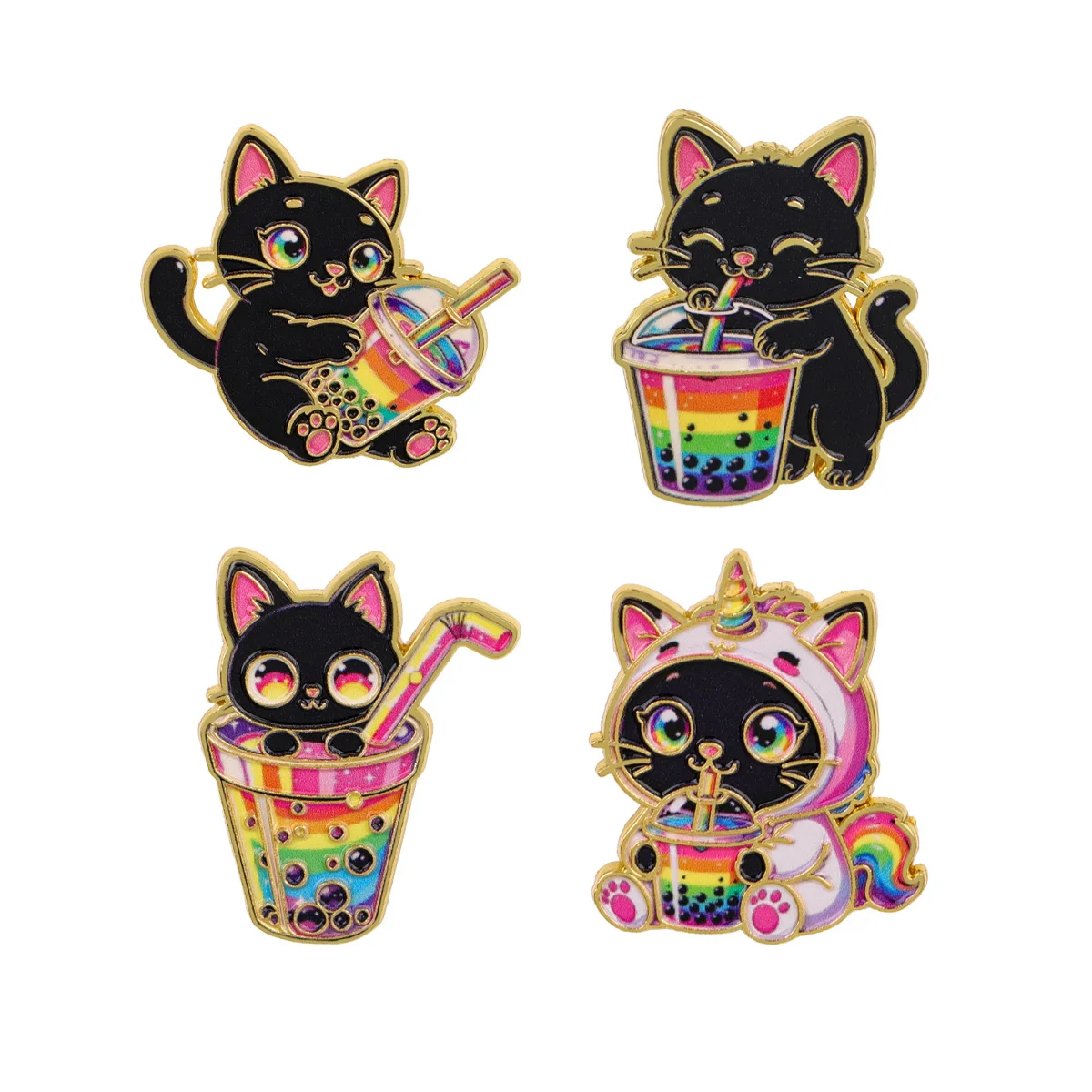 Aesthetic Kawaii Black Feline Enamel Pins Rainbow Boba Tea Brooches for Backpack Clothes Decoration Jewelry Gifts