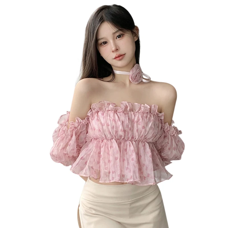 

Women's Shirt Flower Print Korean Version Off Shoulder Slim Puff Short Sleeve Blouse