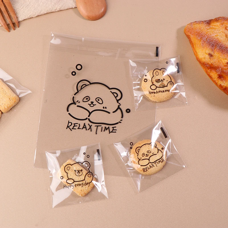 100Pcs Cute Cartoon Bear Pattern Transparent Bread Gift Wrap Self-sealing Bag Happy Everyday Blessing Printed Square OPP Bags