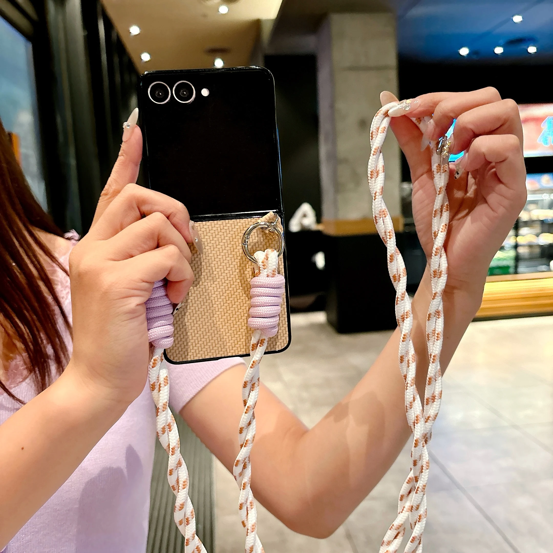 الغطاء الخلفي لسامسونج غالاكسي Z فليب 7 6 5 4 3 مع أشرطة الحبل الطويلة حبل الخيزران حصيرة بولي Leather الجلود الصلب PC للصدمات