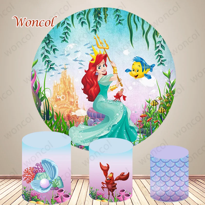 

Little Mermaid Ariel Circle Backdrop Girls Birthday Backdrop Baby Shower Under The Sea Mermaid Cylinder Cover Photocall Prop