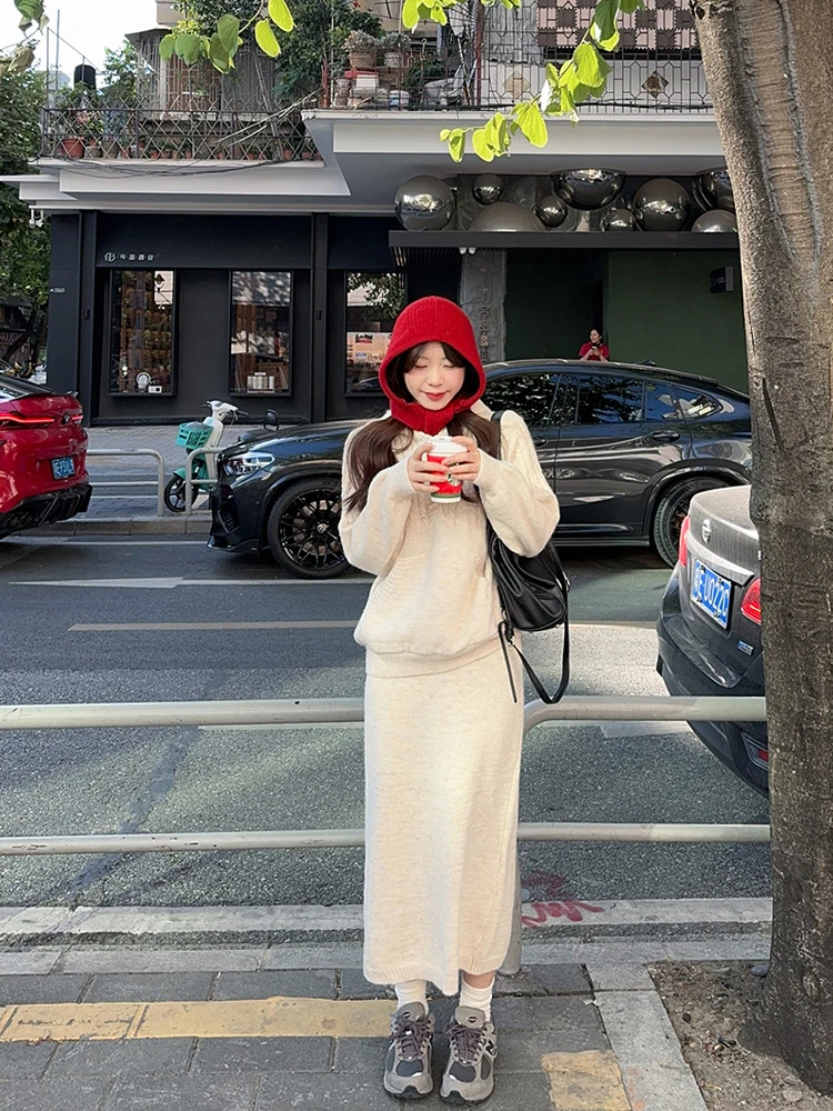 

Вязаный свитер Laid-ba Sle с шапкой-бини и прямой юбкой: женский модный комплект для осени, повседневный, с высокой талией, длинными рукавами