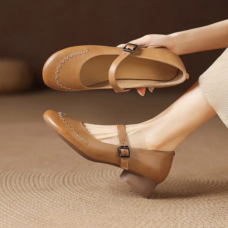 2026 new spring summer women pumps natural leather 22-25cm sheepskin+cowhide+pigskin round toe buckle mary janes women shoes