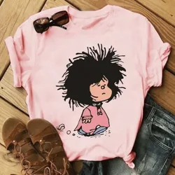 Funny Mafalda Print Women Harajuku Comic Ulzzang Cartoon Kawaii Casual Korean Style Blouse Top Cotton TShirt Clothing Streetwear