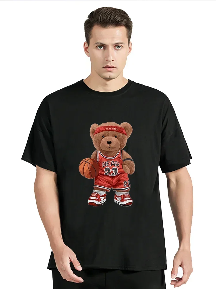 Teddy Bear 23 Love The Game Play Basketball Print Funny T-Shirt Men Cotton Clothing Oversized Tshirt Hip Hop Tees