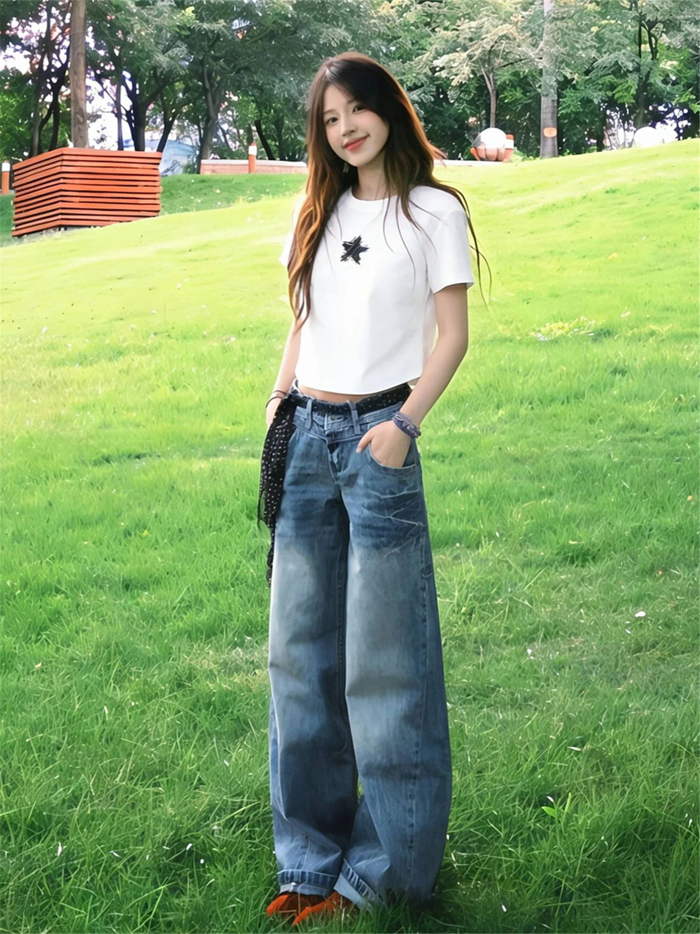 

Американские джинсы с низкой посадкой и широкими штанинами для женщин, весна-лето, свободные, стройнящие, из выстиранного хлопка, длиной в пол, повседневные